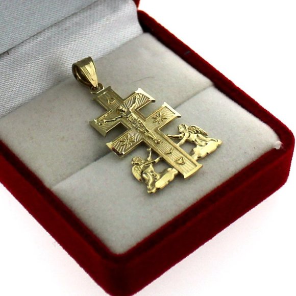 JewelzKing Other - Mens 10K Yellow Gold Caravaca Cross Pendant Diamond Cut Crucifix Charm